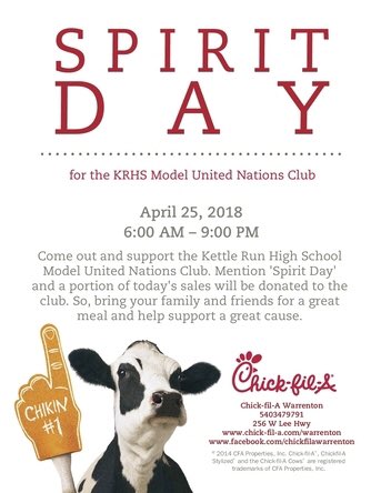 KettleRunMUN's tweet photo. GOOD MORNING! TODAY is the @KettleRunMUN Spirit Day @cfawarrenton 6am-9pm. We are Fundraising to host a @BestDelegate #ModelUN Workshop for @FCPS1News students this fall to introduce #MUN &amp; help build academic/ #globalcitizenship skills b/c #FCPS1KidsDeserveIt @KettleRunNews https://t.co/gEDude7VBm