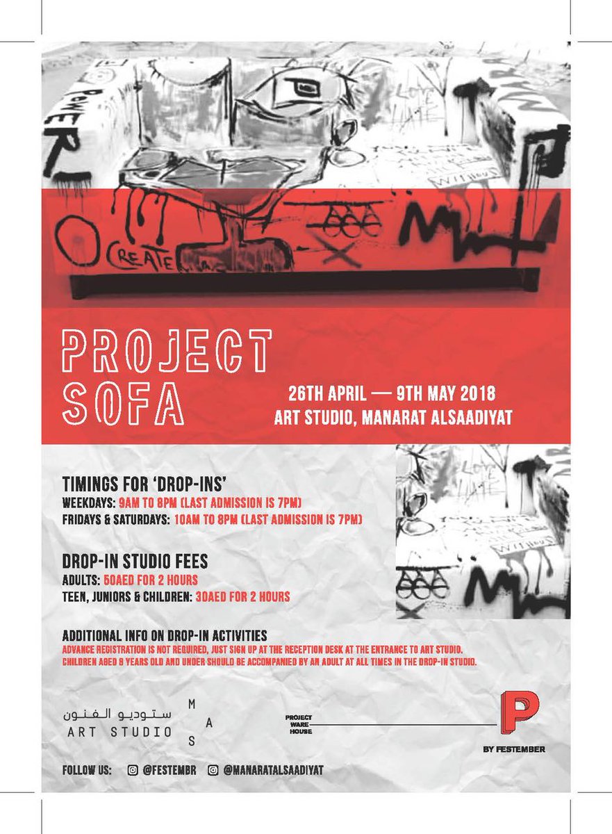 Call for artists! Take part in “Project Sofa” by @Festembr and #MAS, from April 26 to May 9. With 6 sofas as your canvas, get creative! For more information visit  Manaratalsaadiyat.ae or email masartstudio@dctabudhabi.ae