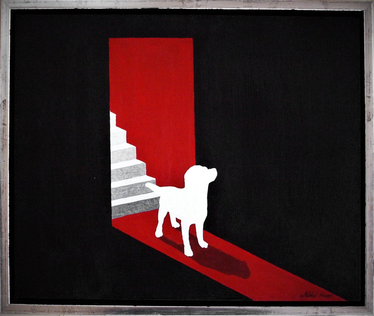 The white dog, one of my newest paintings, Inspired from a black and white photo without the dog. #painting #art #artists #artwork #artworks #modern