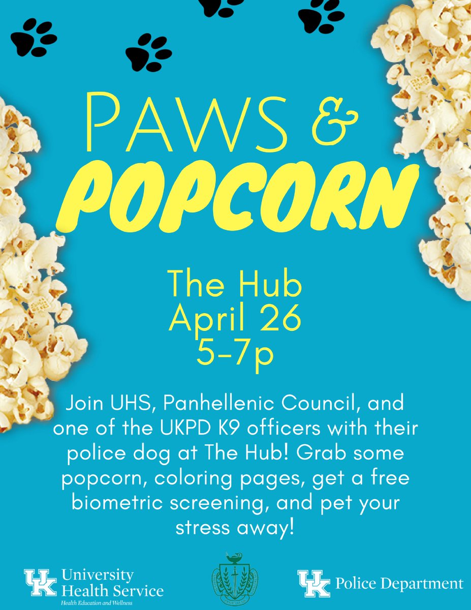 UHSPaws's tweet photo. Tomorrow is our Paws &amp; Popcorn event with @UK_Panhellenic !! 🐾🍿What better way to reduce stress than with pet therapy!? It's sure to get a smile out of you!! #StressLessUK #LessStressMoreSuccess https://t.co/YLz1e1y8Nc