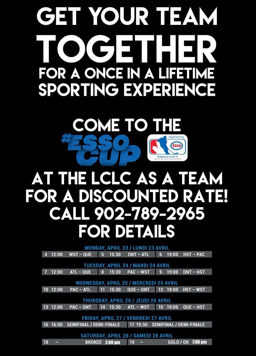 ESSO CUP: The #EssoCup host committee and our friends at the @lclc_ns are offering a special team 🎟️ rate for teams looking to take in some great @HC_EssoCup action in Bridgewater. Come cheer on <a href="/MBPaaa/">Metro Boston Pizza</a> and the <a href="/SubwaySelects/">Northern Selects</a> this week! Call 902.789.2965 for details. #nsproud