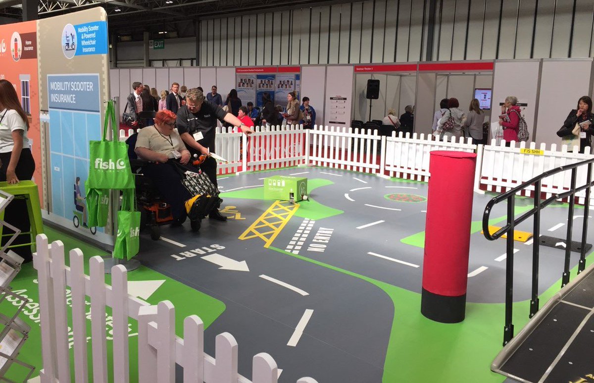 FishInsurance's tweet photo. We are @NaidexShow @thenec debuting our new Mobility Scooter Safety Track, people are queuing up to take part! Attending yourself? Swing by Stand 5250, a Fish goody bag and entry into our competition are up for grabs! #scootersafety #Naidex https://t.co/2qITY2QMi8