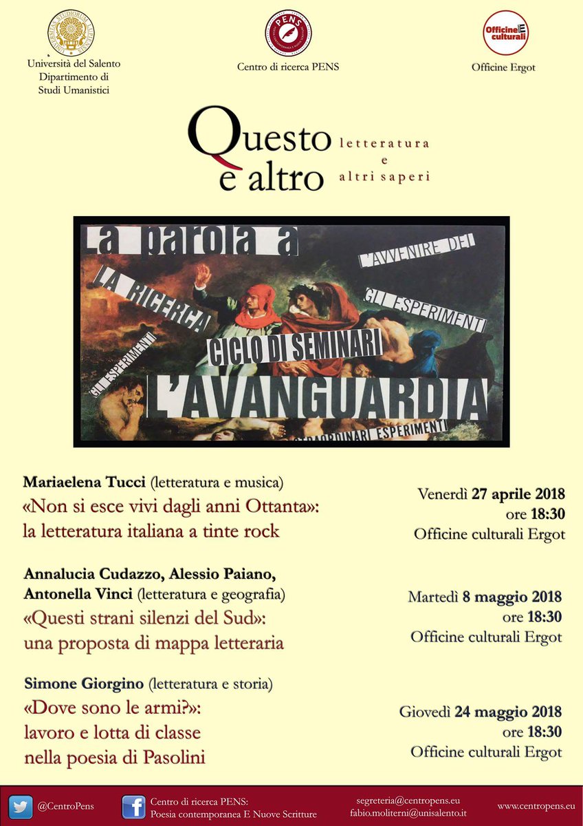 CentroPens's tweet photo. Riprendono gli incontri di “Questo e altro. #Letteratura e altri saperi”, ciclo di #seminari a cura del Centro di ricerca #PENS.

Primo appuntamento venerdi27 con Mariaelena Tucci "«Non si esce vivi dagli anni Ottanta»: la letteratura italiana a tinte #rock".
@unisalento #lecce https://t.co/s3XqhONXR7