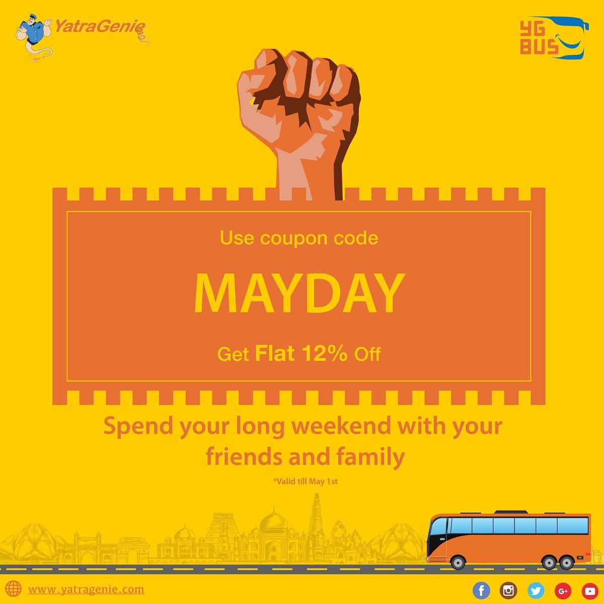 Yatra_Genie's tweet image. Flat 12% Instant Discount on your upcoming Trip!
Avail the seasons best discounts with YatraGenie.
Use Coupon code: &quot;MAYDAY&quot;!
Book Tickets On:
yatragenie.com
Valid till May1st.
 #maydayoffer #MayDay #OnlineBusBooking #yatragenie