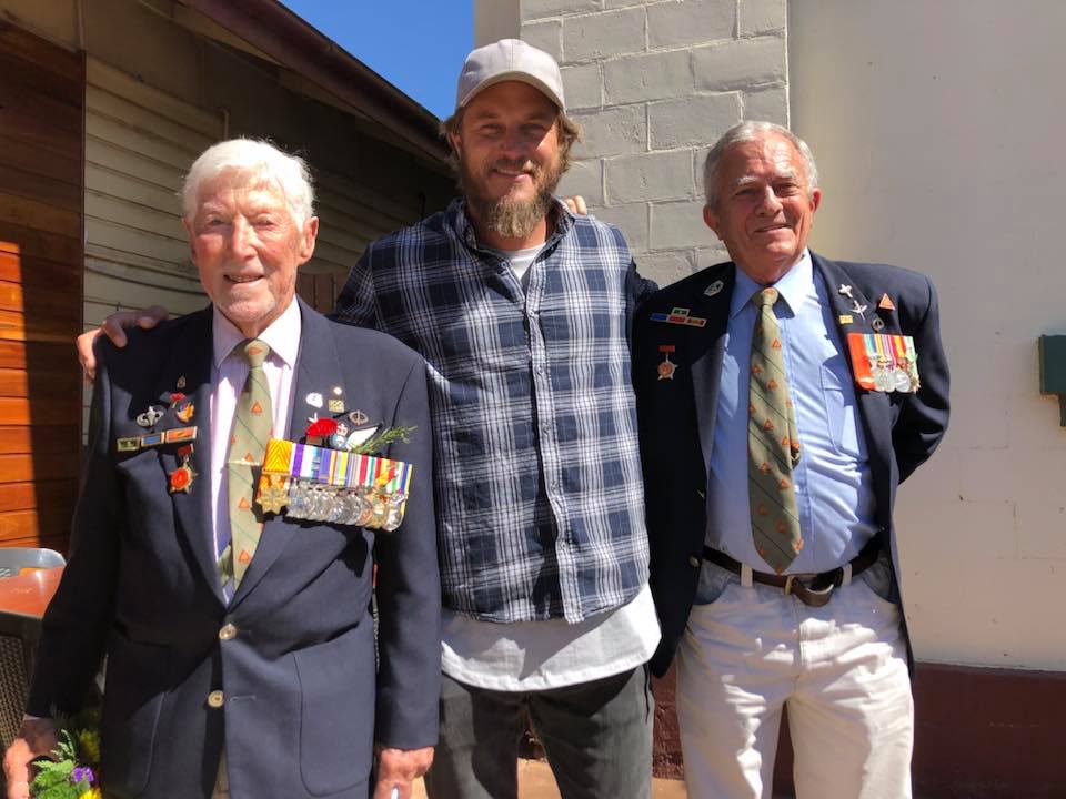 martinwalsh's tweet photo. Star of our movie DANGER CLOSE: The Battle of Long Tan Travis Fimmel with Lt Col Harry Smith SG MC at one of our film locations in Wooroolin, Queensland today. Harry &amp; Travis met for the first time at the Wooroolin Anzac Day Service. @Screen_QLD @ScreenAustralia #TravisFimmel https://t.co/p86S7sjvMz