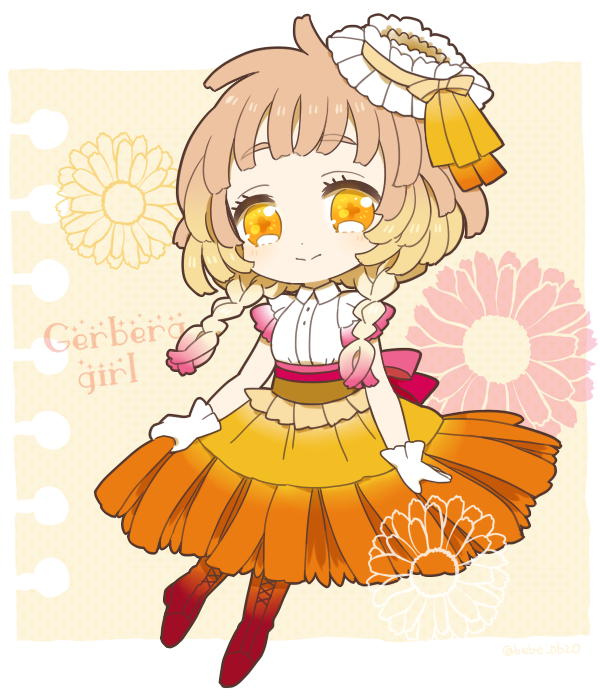 ガーベラ(擬人化) / 金木犀(瞳) / ネリネ(花言葉)でした！箱入り娘のガーベラ少女🌼
#一番目にリプきた花を擬人化して二番目にリプきた花の色の瞳にして三番目にリプきた花の花言葉に沿った性格のキャラ作る