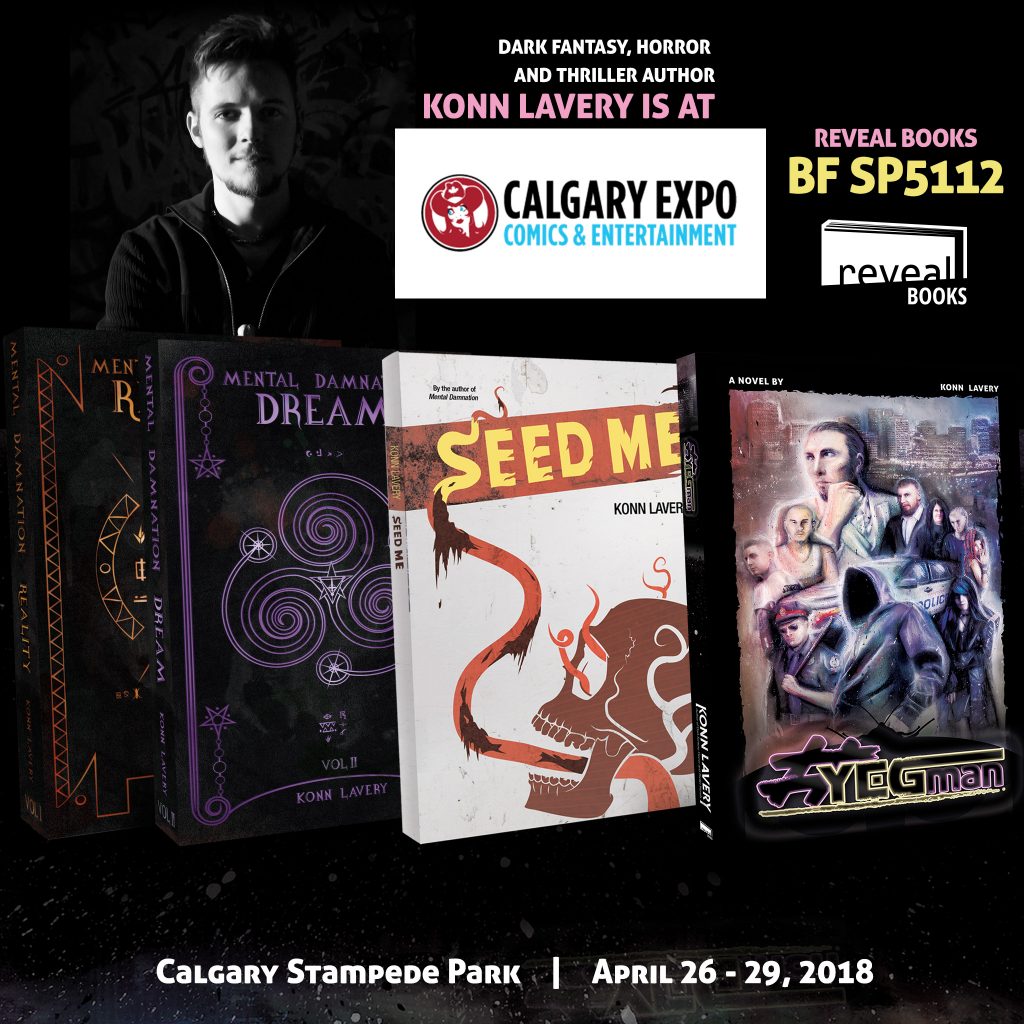 konnl's tweet photo. TOMORROW - I'll be @Calgaryexpo in the Big Four building all weekend! I have the new novel, #YEGman available.
I also have part 2 of #MentalDamnation that launched in September last year.
CONSUME
#author #yycWrites #yegWrites #fantasy #horror #thriller #writer #calgaryExpo https://t.co/1SI0oyVBEG