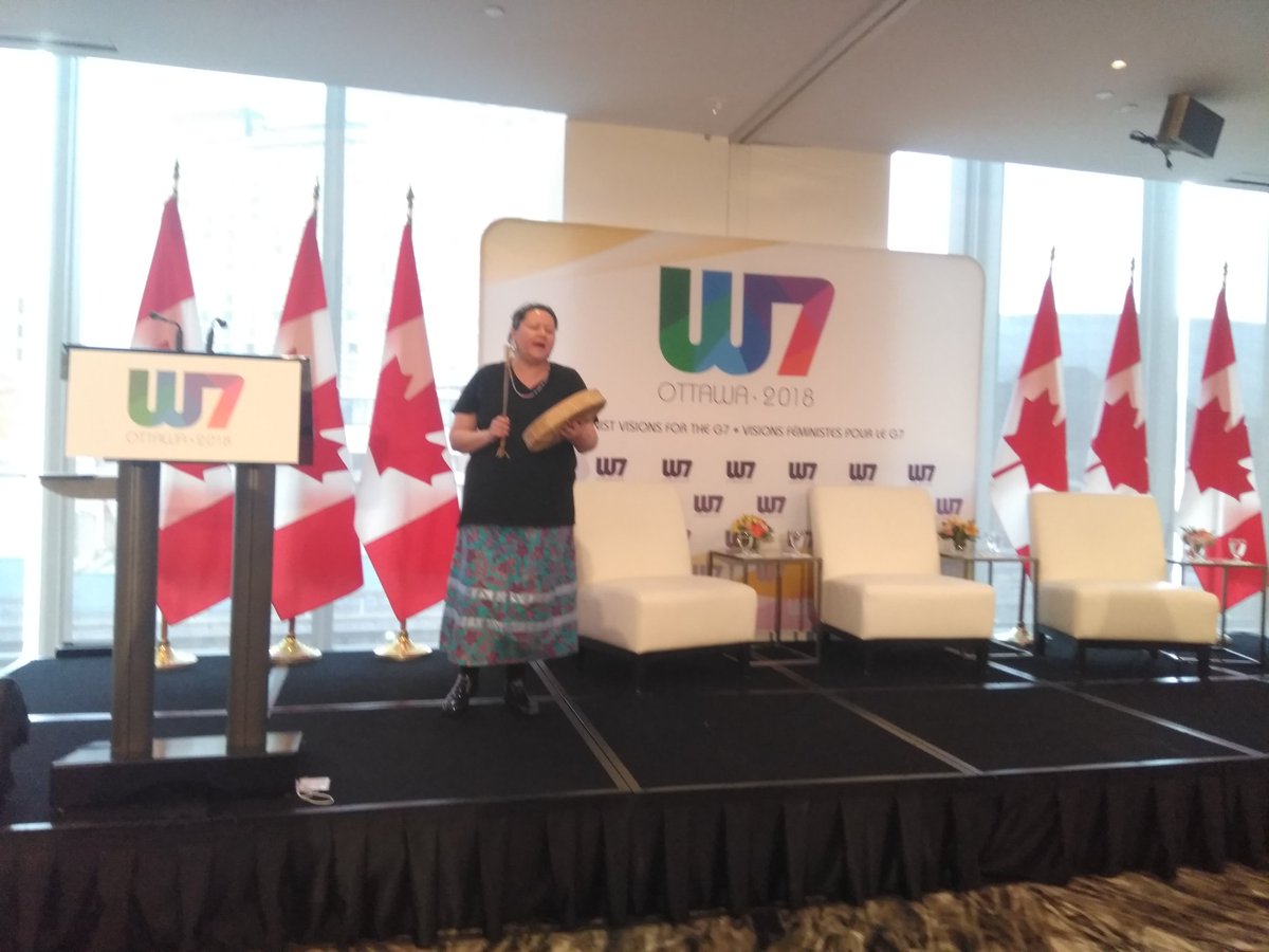 JuliRosin's tweet photo. First #W7Canada panel directly addressing the WHY we need #feminist visions for the #G7. After giving a member of #FirstNations space to explain&amp;make us feel where we are and connect us to the HISTORY of the place.  Yes,  the #theFUTUREisFEMINIST and we will learn from the past https://t.co/LhhVKndROO