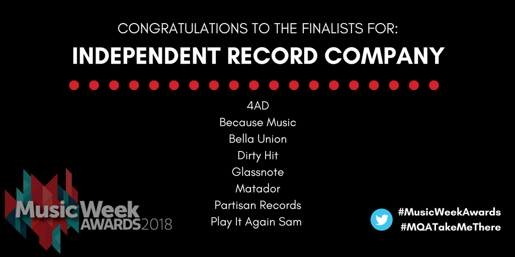 MusicWeek's tweet photo. Wishing the Independent Record Company finalists good luck for tomorrow! @4AD_Official @becausemusic @bellaunion @DirtyHit @Glassnotemusic @matadorrecords @partisanrecords @piasrecordings #MusicWeekAwards #MQATakeMeThere https://t.co/lo0aqhZGa6