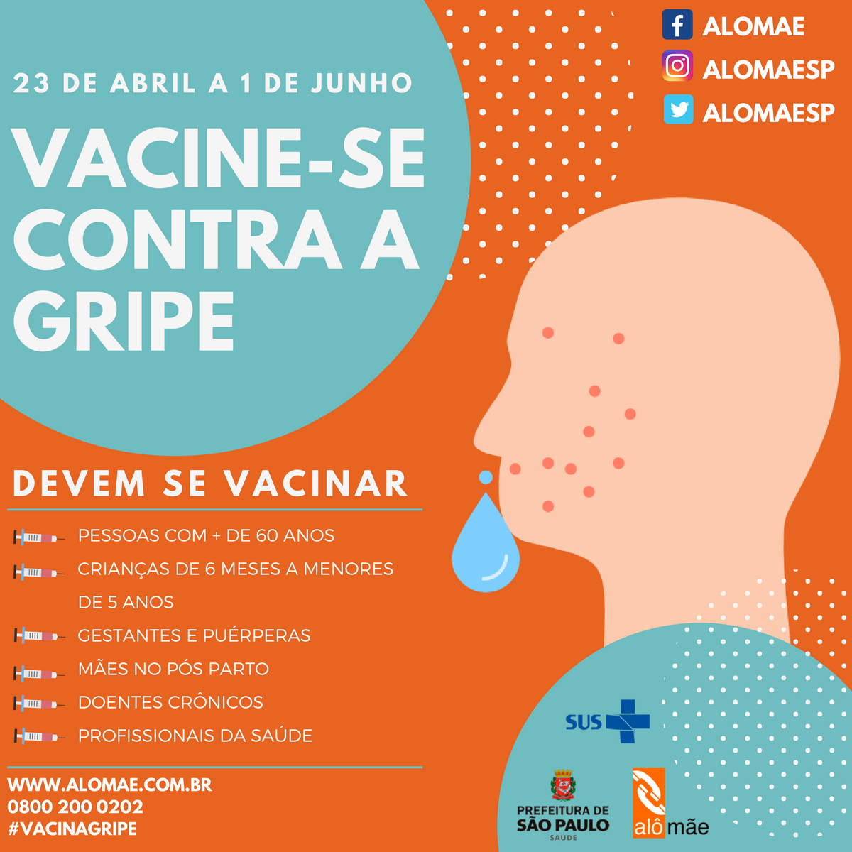 alomaesp's tweet photo. Pessoas com mais de 60 anos; doentes crônicos; gestantes; mães no pós-parto; crianças de 6 meses a menores de 5 anos; pacientes com condições especiais; professores e profissionais de saúde: não deixe a gripe pegar você!

#VacinaGripe #VacinarÉProteger
#saúdenasredes #minsaude https://t.co/zqu1TrA6im