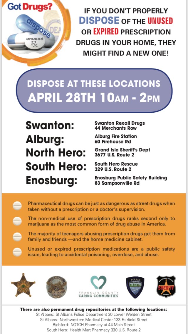 FCCC_VT's tweet photo. If you don’t properly dispose of the unused or expired prescription drugs in your home, they might find a new one! https://t.co/9h9DjRNNJU