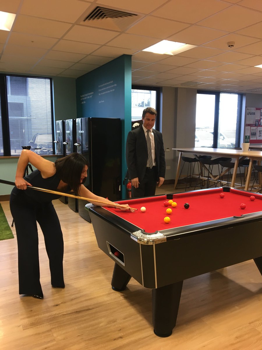 Pre-event pool match, between <a href="/HinksInsurance/">Hinks Insurance</a> director's Julie &amp; Jonathan. Julie was crowned the winner, much to Jonathan's dismay!  A great example of the fantastic office space that has been created @rradarLegal #officeenvy
