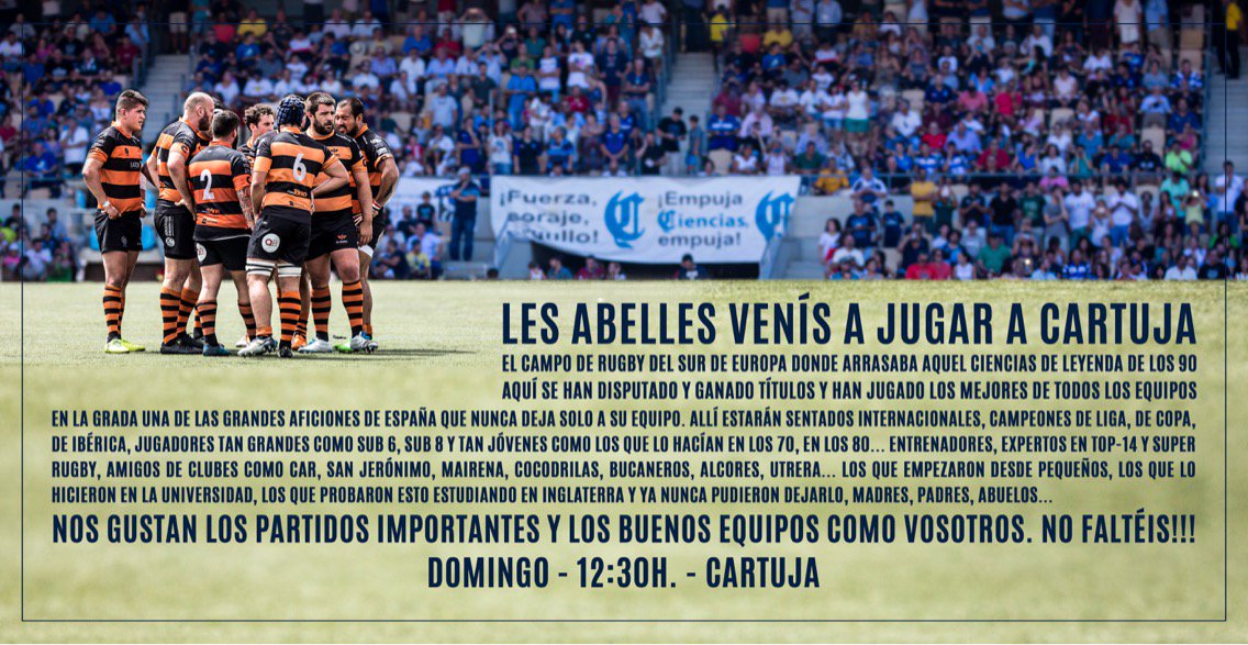 Les Abelles Rugby Club os esperamos en Cartuja. No faltéis!!!
DOMINGO - 12:30h. - CARTUJA
#empujaCIENCIASaDH
<a href="/lesabellesrc/">C.P. Les Abelles 🐝</a>