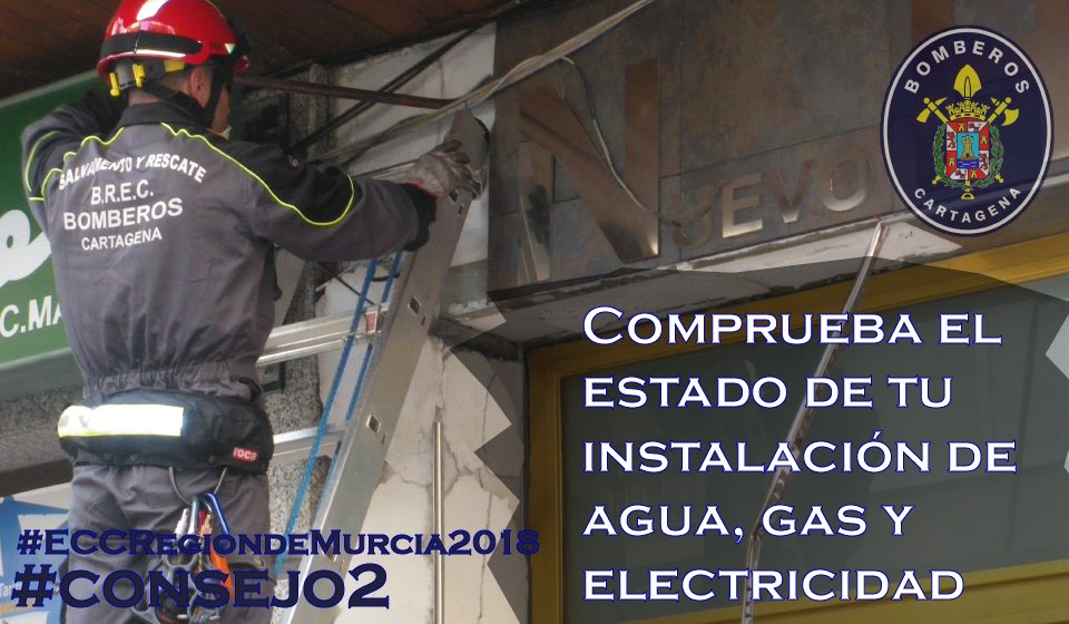 Bomberos_CT's tweet photo. Continuamos con el #consejo2 en caso de terremoto: Revisar instalaciones de aguga, gas y electricidad evitando el uso aparatos eléctricos o cualquier tipo de llama. #ECCRegiondeMurcia2018 https://t.co/C3OHAYpmCv