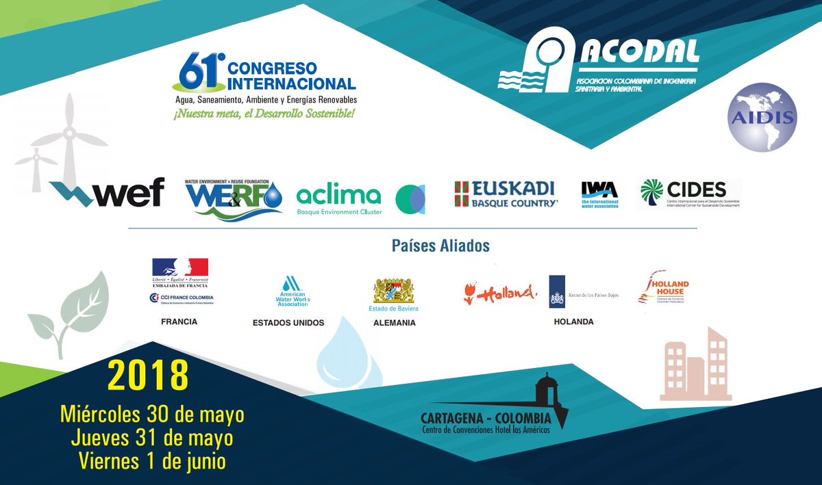 ACODALCOLOMBIA's tweet photo. ¿Está listo para  el 61 Congreso Internacional del Agua, Saneamiento y Ambiente a realizarse el 30, 31 de mayo y 1 de junio? No se pierda esta importante cita con el conocimiento y la tecnología en  Cartagena. informes: https://t.co/JuYzbTP95f @AIDIS_INT @ASOCARS @Andesco1 https://t.co/GiEcVqSKXc