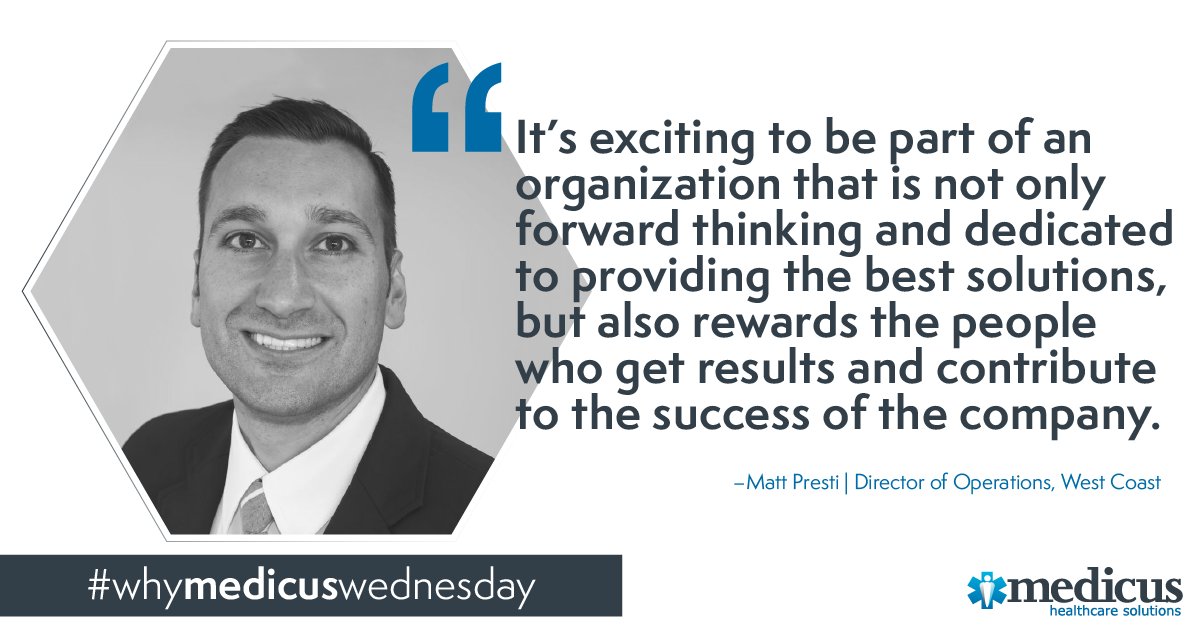 MedicusLLC's tweet photo. Matt, who began his career with Medicus in 2008, is thrilled to be part of a company driven by #relentless innovation, #meritocracy, and other core values. #WhyMedicusWednesday #2018byMedicus https://t.co/cjuB7Jb0JI