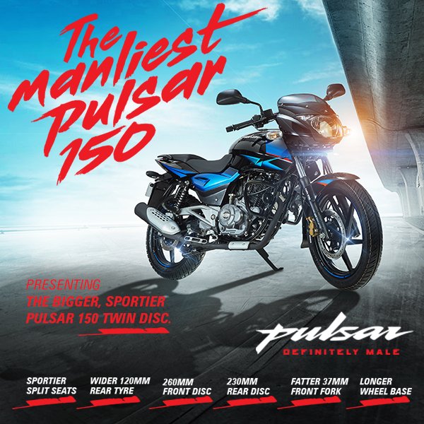 Bigger, sportier and feature-packed. Presenting the Pulsar 150 twin disc, the manliest Pulsar 150. Now available with 260mm front and 230mm rear disc brakes, sportier split seats and grab rails, wider 120 mm rear tyre and fatter 37mm front forks. Know more goo.gl/JrJh4c