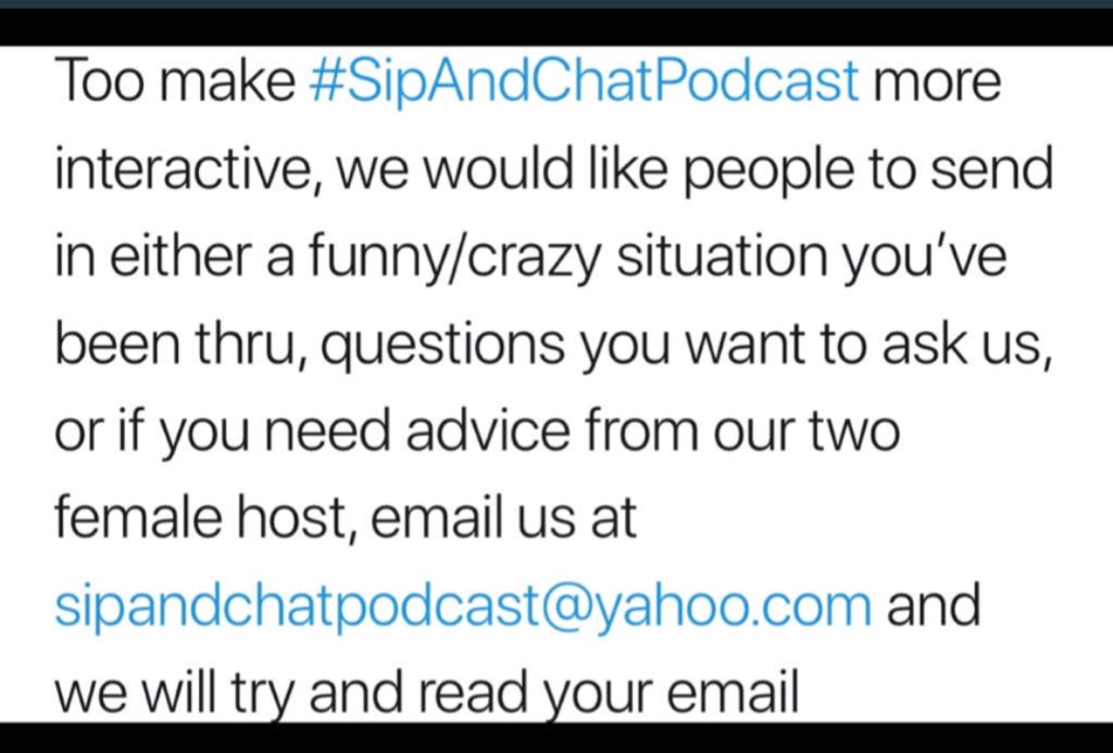 send in your questions 🙌🏽 you can remain anonymous, send us questions you want too hear us answer or if you’re looking for advice, we will read your email on the show.(Sipandchatpodcast@yahoo.com) #SipAndChatPodcast #NewPodcast #SendYourQuestions #PodcastLife #Podcasting