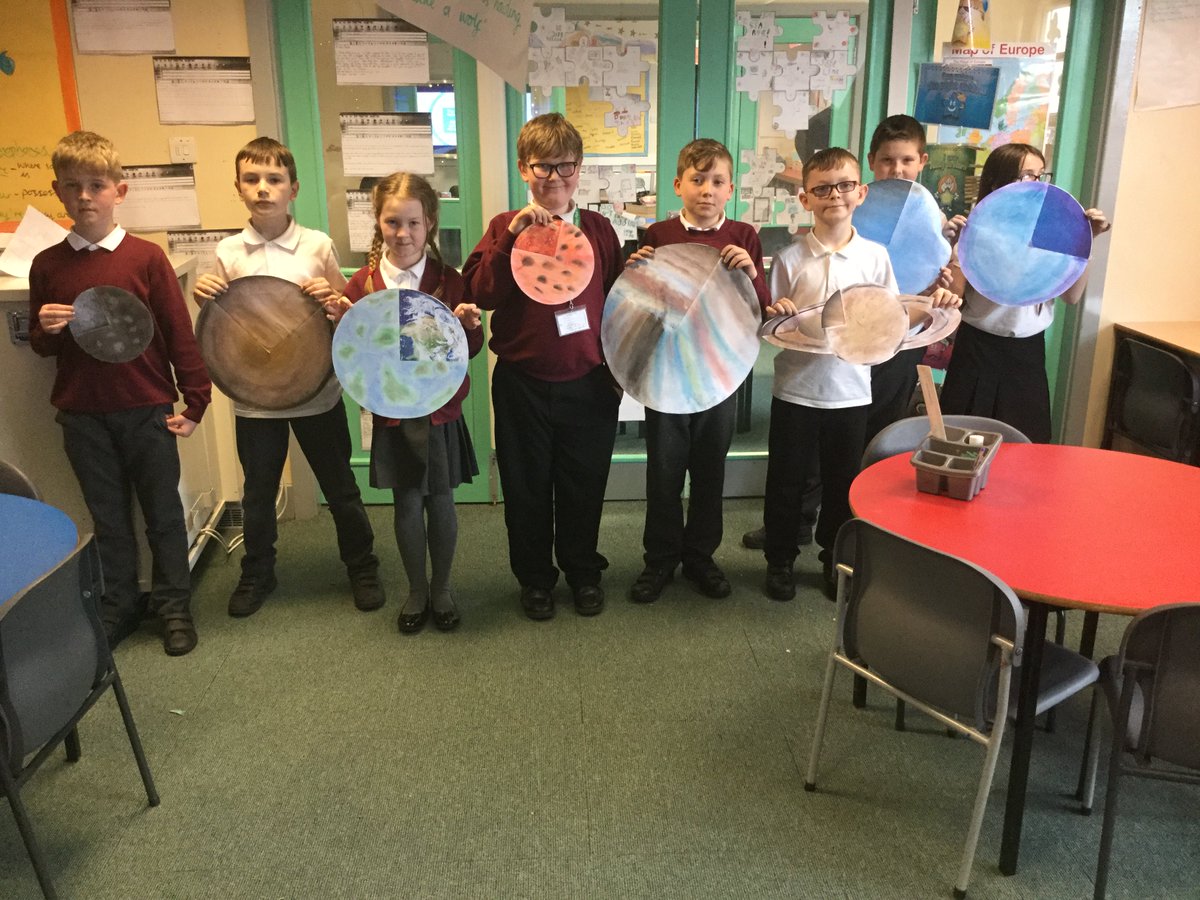 suttonparkp's tweet image. Here are some of 5KD's art work today. They have used a quarter of an actual image of a planet, and filled in the rest using pastels and techniques discussed last week. :) Super hard work!