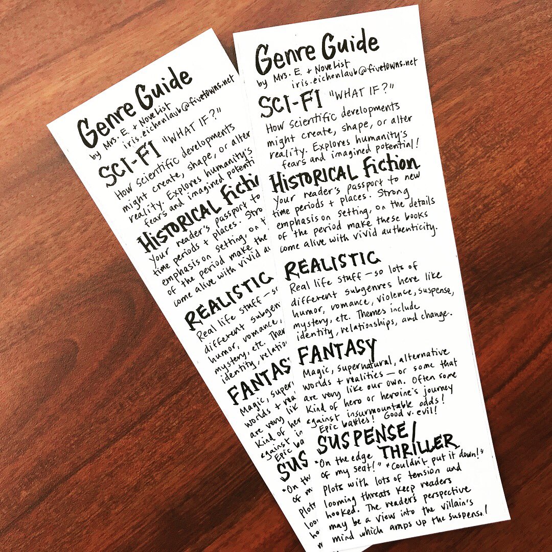 irisdagmar's tweet photo. Getting prepped for some genre mini booktalks next week! These bookmarks will be takeaways for the students and you can see the books I’ve curated into genres for students to browse. #studentchoice #studentcenteredlibrary #studentcentered #buildreaders https://t.co/F5CLpG79Nn