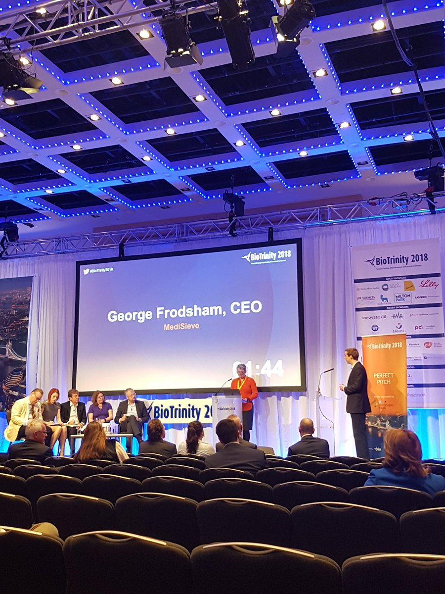 Health360Cate's tweet photo. Impressive pitch by George Frodsham, CEO of MediSieve - a start-up developing a drug-free malaria treatment. The device uses a magnetic sieve to physically remove malaria infected blood cells directly from a patient’s bloodstream #BioTrinity2018 https://t.co/LlJTaOjDN8