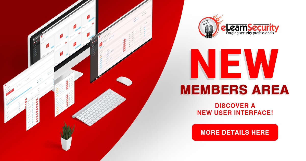 INEsecurity's tweet image. We have a new Members’ Area! Click the link to see our latest updates ow.ly/kaHf30jFhbn #eLearnSecurity #CyberSecurity