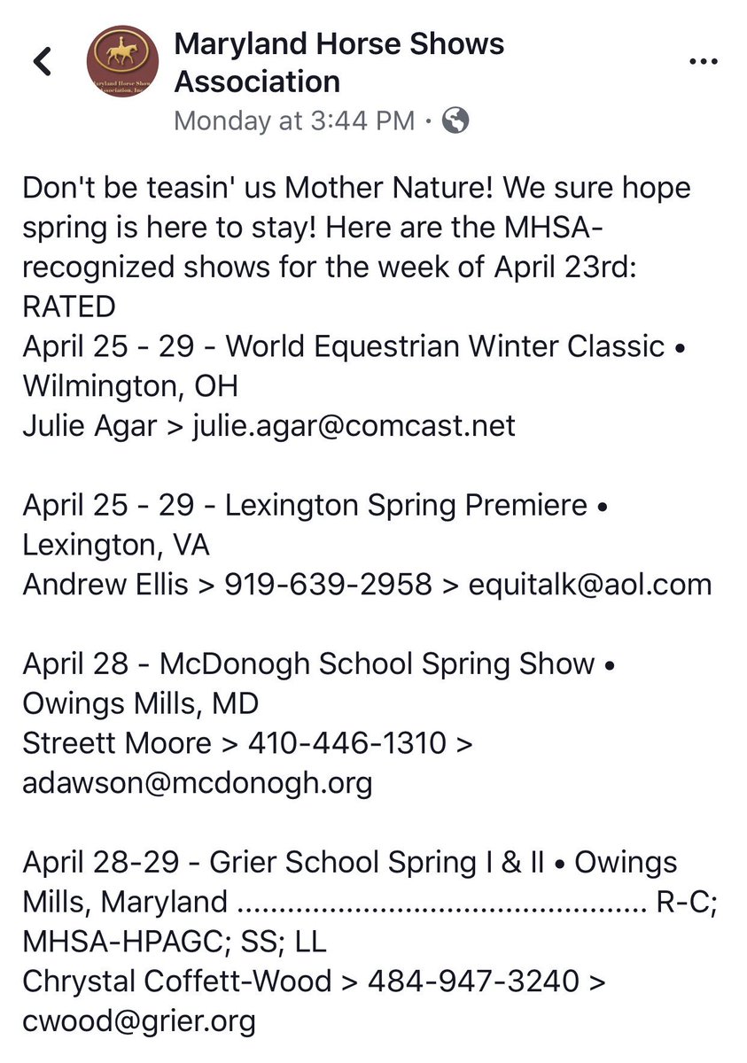 Schedule for this week! MHSA recognized shows! Maybe it will finally Spring!
