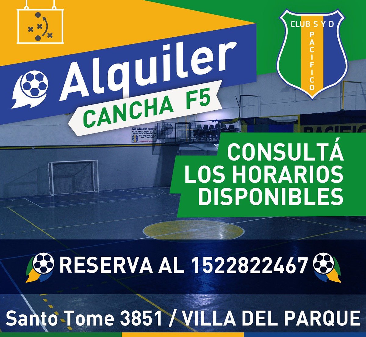ClubPacifico's tweet photo. 💚💛💙Tenés ganas de pasar un buen momento con amigos?
🆗Vení a jugar a Pacífico.
📣📣Consulta horarios y disfruta del deporte más lindo📣📣
#somosdiferentes
#futbolconamigos #csdpacifico https://t.co/0LOvvcUkPo