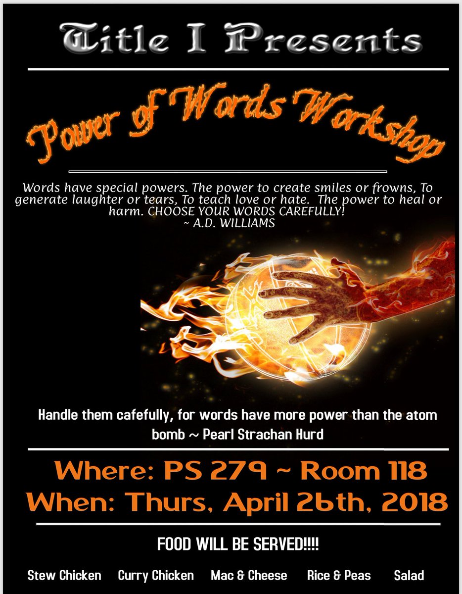 PS279_bk's tweet photo. Join us tomorrow for our Power of Words Workshop at 5:30pm. Food will also be served! #ps279bk #powerofwords #education #brooklyn #publicschool https://t.co/sOFB98T2IB Check out our website! https://t.co/a3X7hWppOh