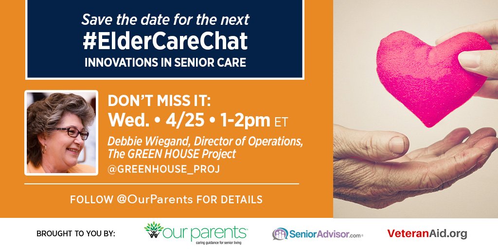 Retweet if you’ll be joining our #ElderCareChat Twitter discussion this afternoon about Innovations in Senior Care with <a href="/GreenHouse_Proj/">The Green House Project</a> bitly.com/ecc042518