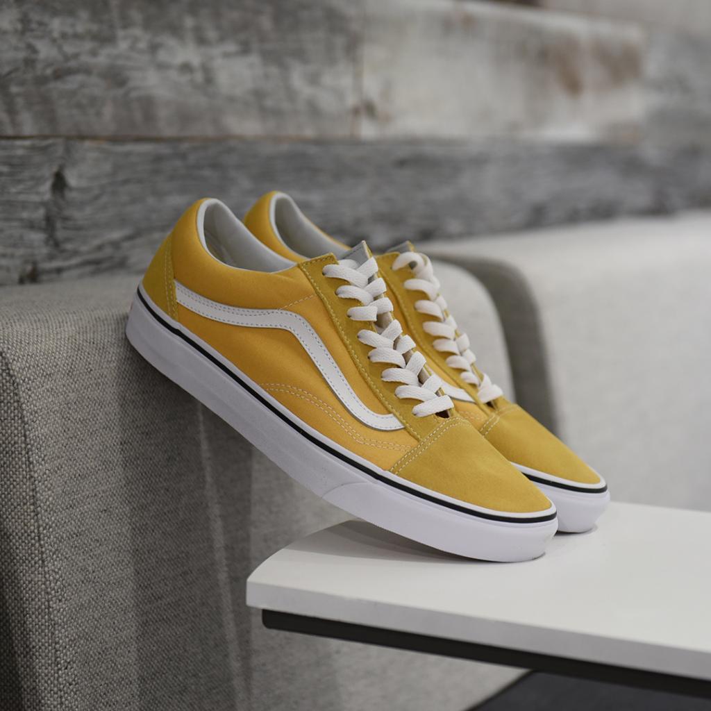 yellow vans old skool on feet