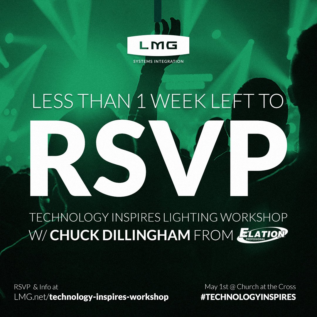 LMG_BeyondTech's tweet photo. There are only a few seats open for the next #TechnologyInspires event! Registration closes on Friday! @ElationPro #LMGSystemsIntegration https://t.co/zkiXicvHLY https://t.co/ijOd0N4J9v