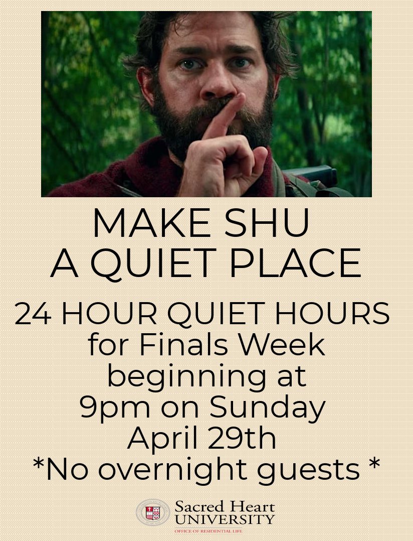Finals week is right around the corner! 24 hour quiet hours start Sunday, April 29 at 9pm. Also be on the lookout for more information from your RHD regarding closing. Good luck on finals! #housingwithheart