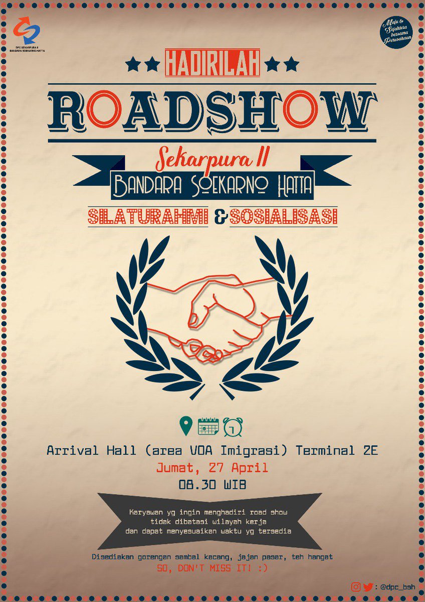 dpc_bsh's tweet photo. Roadshow #3 is INCOMING!!!! hari Jumat tanggal 27 April 2018 di Arrival Hall (Area VOA Imigrasi) Terminal 2E! Vamos vamos vamos konco-konco! jangan ketinggalan
#dpcbsh
#sekarpura2
#dpcsp2bsh https://t.co/gRCngBETKi