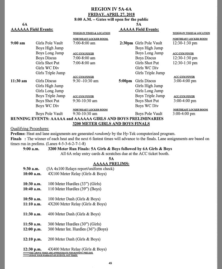 SK_Track_Field's tweet photo. Regional Track and Field Meet Schedule. Good luck to all competing. #FLYWI https://t.co/eusH5c1qw3