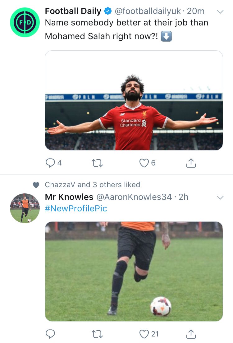 smivadee's tweet photo. The truth is revealed, the reason for Salah’s success this season is because he’s using @AaronKnowles34’s feet https://t.co/jiiGQye9ID