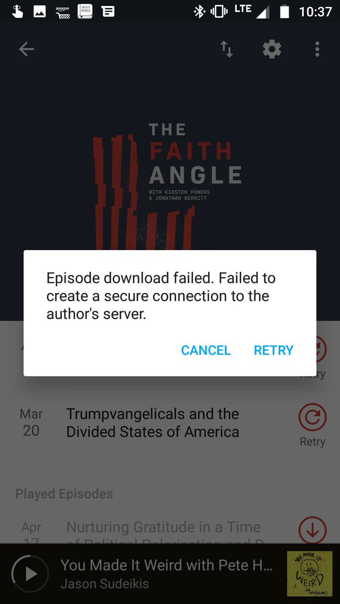 jonzissou's tweet photo. @JonathanMerritt trying to get your podcast on @pocketcasts but it's telling me there's a problem with the "author's server." Shots fired! Thought you should know https://t.co/q4tM0udcPz