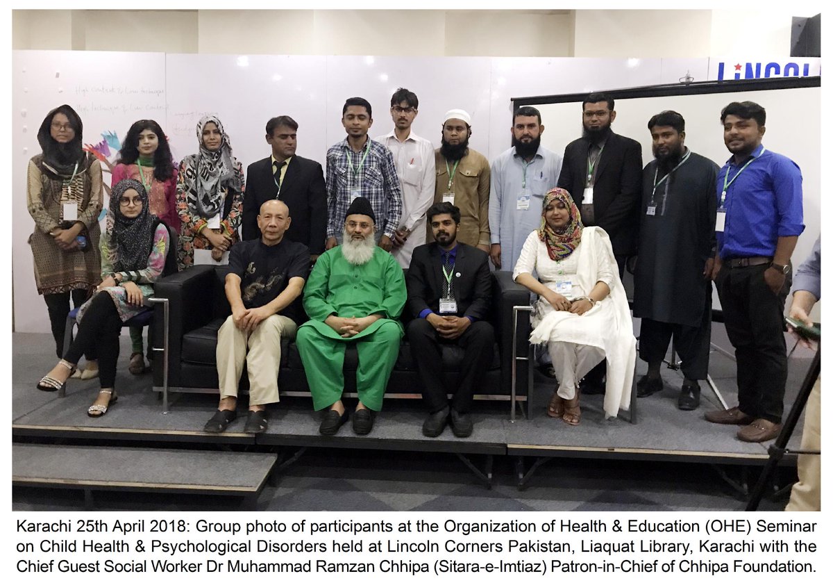 ChhipaWelfare's tweet photo. Group photo of participants at the Organization of Health & Education (OHE) Seminar on Child Health & Psychological Disorders held at Lincoln Corners Pakistan, #LiaquatLibrary, Karachi with the #ChiefGuest #SocialWorker #RamzanChhipa (S.I) Patron-in-Chief of #ChhipaFoundation. https://t.co/wesfdNhy7V