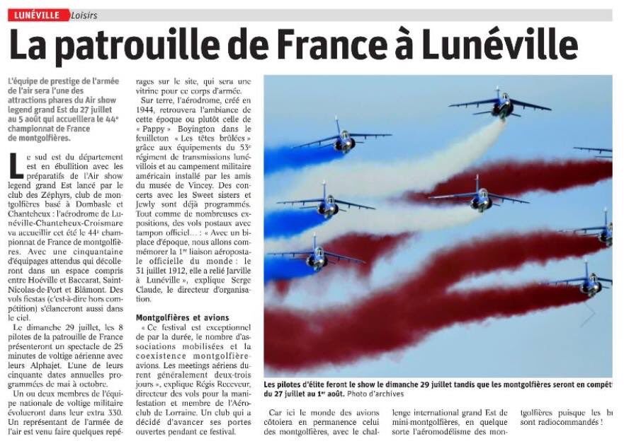 cdfm2018's tweet photo. Air Show Legend Grand Est accueille le 44ème Championnat de France de Montgolfières 2018 et accueille également la Patrouille de France le 28 juillet ! 🇫🇷✈️ #cdfm2018 https://t.co/08WFOyOwZk