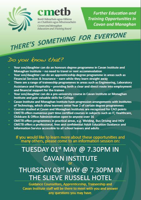 CavMonETB's tweet photo. #CMETBFET Calling all parents - great opportunity to find out about all #education and #training presented @CavMonETB! Hear from the experts and get the chance to have all your questions answered.  Next session tomorrow evening 26th April @ 7:30pm in #CarrickmacrossWorkhouse https://t.co/Bzu9pfhedr