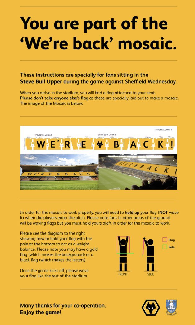 Important flag instructions for anyone sitting in the Steve Bull Upper on Saturday. Please share 🐺