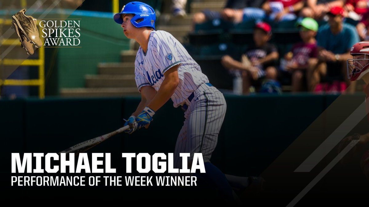 USAGoldenSpikes's tweet photo. ✌ homeruns &amp; 🖐✌ RBI against rival USC? That'll do it!

Congrats to @UCLABaseball infielder @MichaelToglia, winner of the Gold Standard Performance of the Week! https://t.co/rw4enJHuGN
