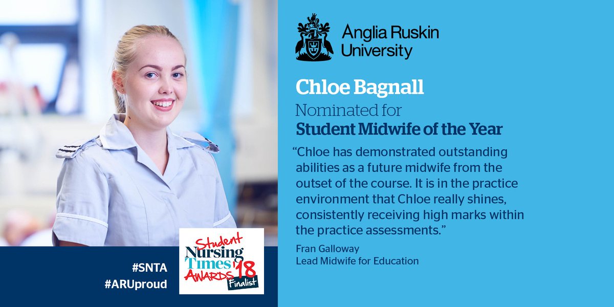 FHEMS_ARU's tweet photo. #ARUproud of Student Midwife Chloe Bagnall for her nomination for the Student Midwife of the Year at the #SNTA awards tomorrow. Good luck @chloebaggers https://t.co/M6nOq104rz
