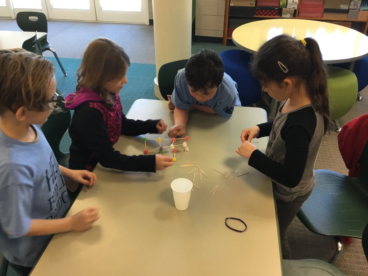 Mrs_Storz's tweet photo. Ms. Hamer's 2nd graders came to Makerspace to try their hands at engineering. They designed structures with only gumdrops and toothpicks to hold the weight of huge Harry Potter books! #HESMakerspace #GumdropChallenge https://t.co/l4Su5aTWKq