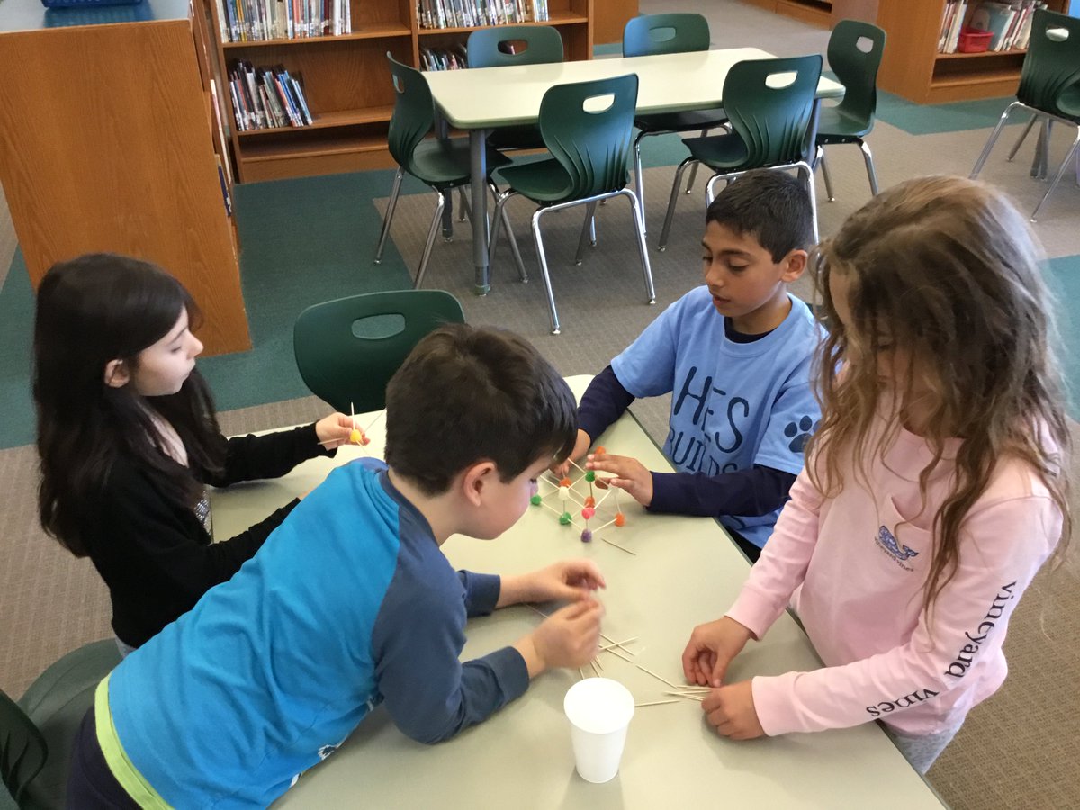 Mrs_Storz's tweet photo. Ms. Hamer's 2nd graders came to Makerspace to try their hands at engineering. They designed structures with only gumdrops and toothpicks to hold the weight of huge Harry Potter books! #HESMakerspace #GumdropChallenge https://t.co/l4Su5aTWKq