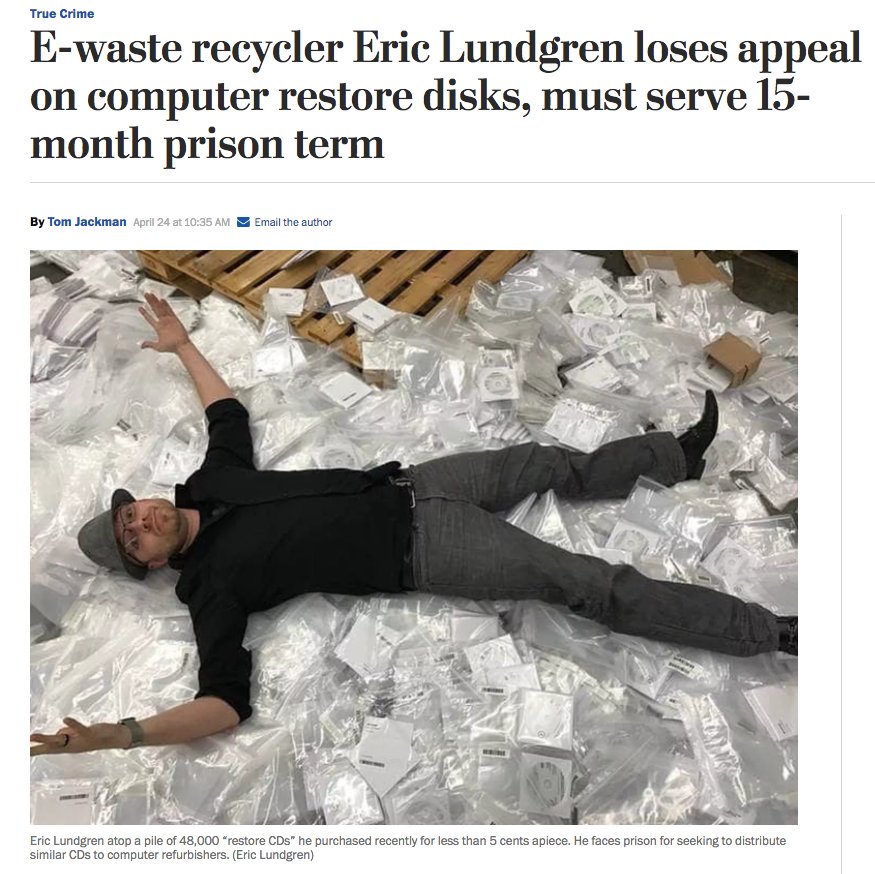 iFixit's tweet image. Our friend @CEOmrGreen is the first martyr of many in the fight for our #RightToRepair. Look out, @Microsoft might throw you in jail if you try to fix your old computers. wapo.st/2HLABbj