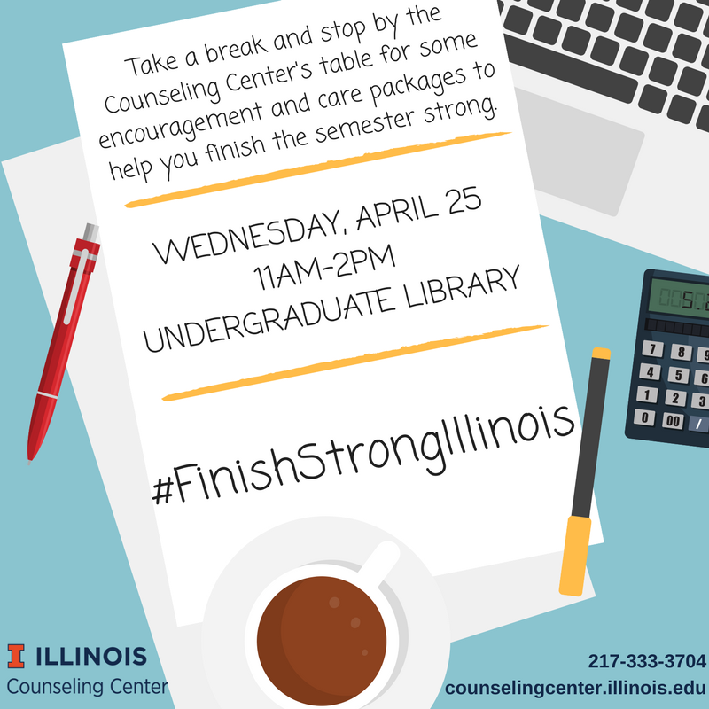 UI_Counseling's tweet photo. Take a break with us! Come find the Counseling Center at UGL today from 11am-2pm and grab a care package to help you #FinishStrong. #ILCounseling #UIUC #Illinois #College #FinishStrongIllinois #MentalHealth #SelfCare https://t.co/Cikt1ynHBT