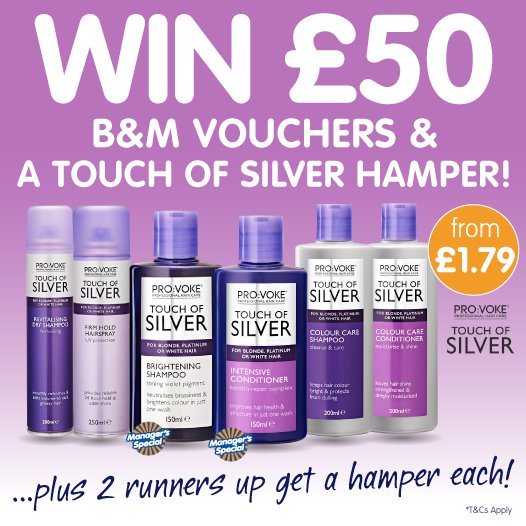 bmstores's tweet photo. 💆 #COMPETITION TIME 💆

We're giving away the chance to #WIN £50 worth of B&amp;M vouchers PLUS a Touch of Silver hamper! AND 2 runners-up get a hamper EACH!

To enter, simply FOLLOW US, RT this post and COMMENT ##TouchofSilverBM!

Competition ends 9am 27.4.18 https://t.co/pFUet5zs25