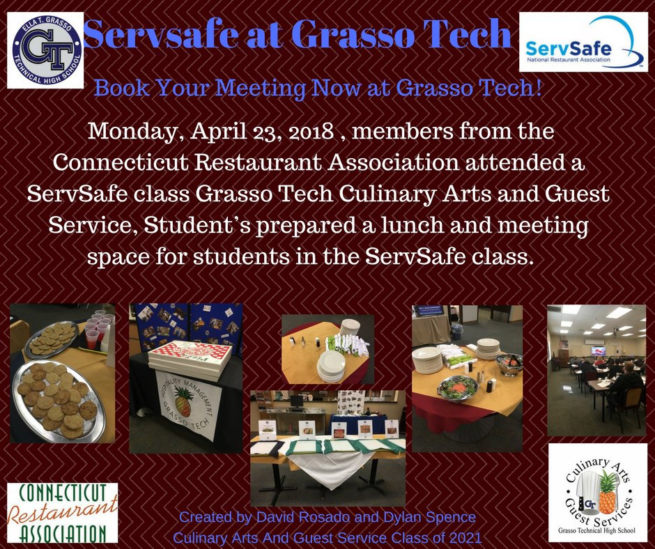 GrassoTech's tweet photo. Mon. April 23, 2018 CT Rest. Assoc. attended a Servsafe class Culinary Arts and Guest Service student’s prepared a lunch for students of Connecticut Restaurant Association. Book your further Meeting Now at Grasso Tech
#GrassoTech #ConnecticutRestaurantAssociation https://t.co/94DJcuLMtu
