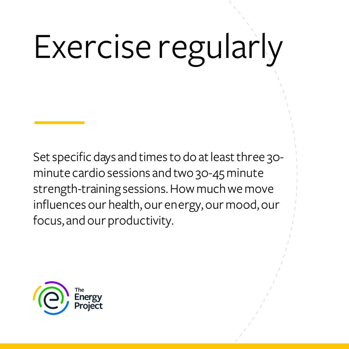 energy_project's tweet photo. Exercise regularly #energytip #theenergyproject #energyproject #performance #Productivity #renewalzone #focus #sustainableperformance https://t.co/mLrrYMIalN